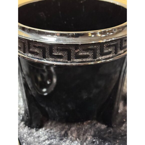 Vintage LE Smith Black Glass Greek Key Flower Frog Footed 2 Piece Vase - Picture 3 of 8